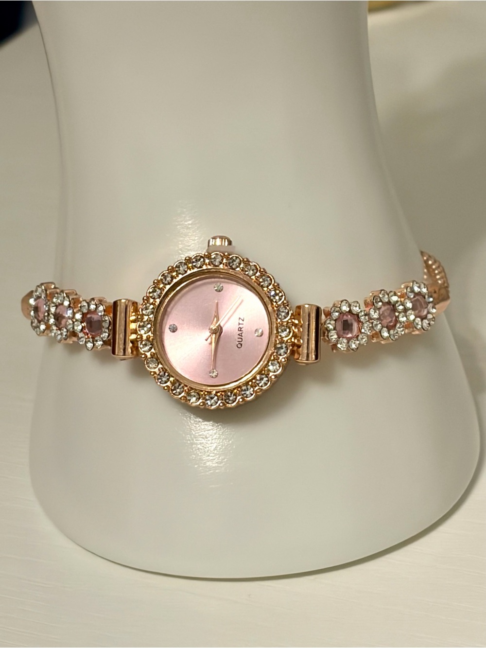 Pink CZ Rose Gold Tone Bolo Watch Floral Crystal Bracelet
